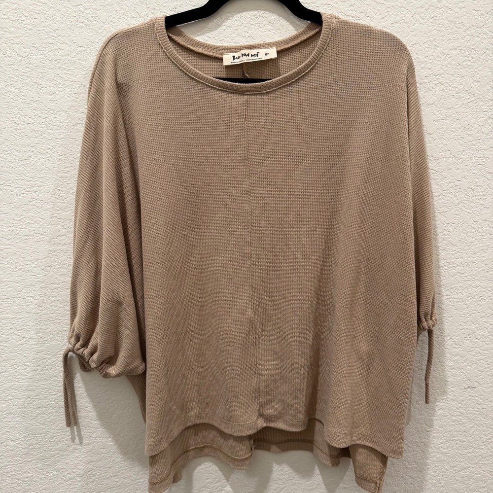 Three Bird Nest Tan Waffle Knit Dolman Sleeve Cinch Tie Top Medium Boho Thermal